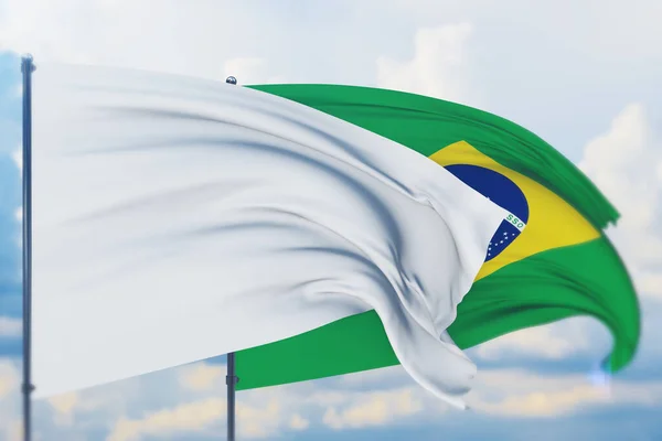 Weiße Flagge am Fahnenmast, die im Wind weht und die Flagge Brasiliens. Nahaufnahme, 3D-Illustration. — Stockfoto