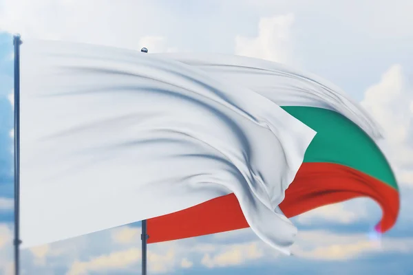 Witte vlag op vlaggenmast wapperend in de wind en vlag van Bulgarije. Close-upweergave, 3D-illustratie. — Stockfoto