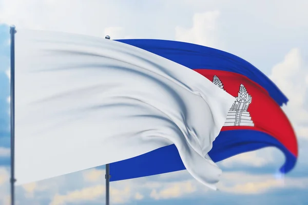 Bandera blanca en asta de bandera ondeando en el viento y la bandera de Camboya. Vista de primer plano, ilustración 3D. — Foto de Stock