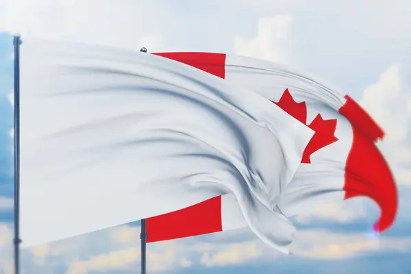 Weiße Flagge am Fahnenmast, die im Wind weht und die Flagge Kanadas. Nahaufnahme, 3D-Illustration. — Stockfoto