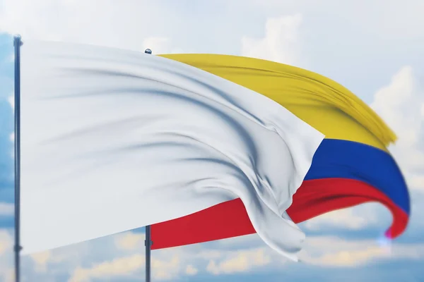 Bandeira branca no mastro acenando com o vento e a bandeira da Colômbia. Vista de perto, ilustração 3D. — Fotografia de Stock