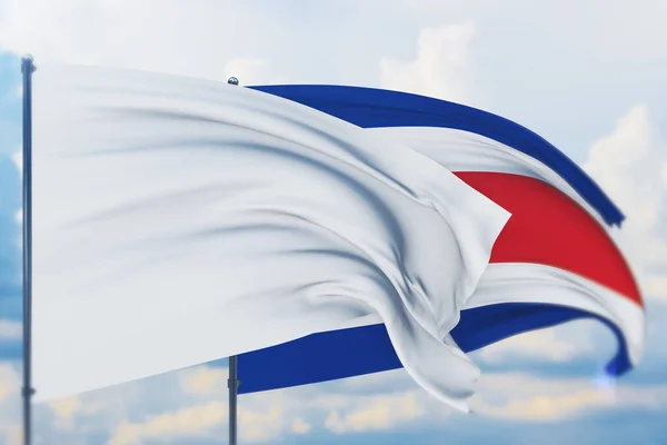 Λευκή σημαία σε κοντάρι σημαίας κυματίζει στον άνεμο και τη σημαία της Κόστα Ρίκα. Κλείσιμο προβολής, 3D εικονογράφηση. — Φωτογραφία Αρχείου