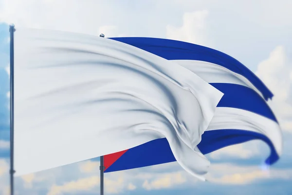Bandera blanca en asta de bandera ondeando en el viento y la bandera de Cuba. Vista de primer plano, ilustración 3D. — Foto de Stock