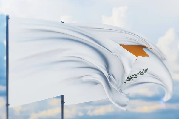 旗杆上的白旗在风中飘扬，塞浦路斯国旗飘扬。Closeup view, 3D illustration. — 图库照片
