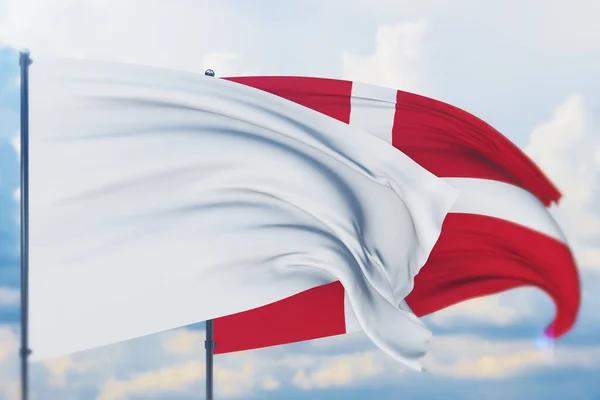 Bandeira branca no mastro acenando com o vento e a bandeira da Dinamarca. Vista de perto, ilustração 3D. — Fotografia de Stock