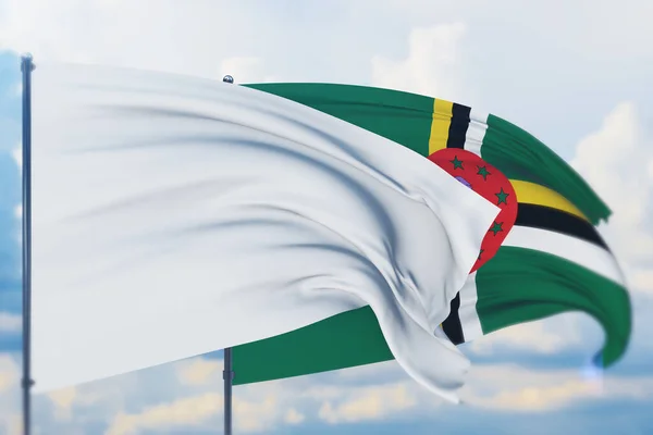 Bandeira branca no mastro acenando com o vento e a bandeira de Dominica. Vista de perto, ilustração 3D. — Fotografia de Stock