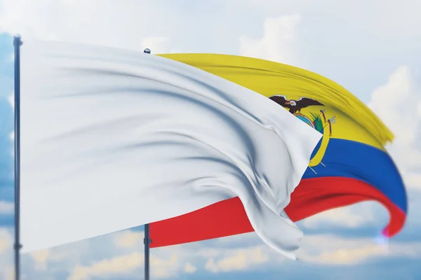 Fehér zászló lobogtatja zászlórúdon Ecuador szelét és zászlaját. Közelkép, 3D illusztráció. — Stock Fotó
