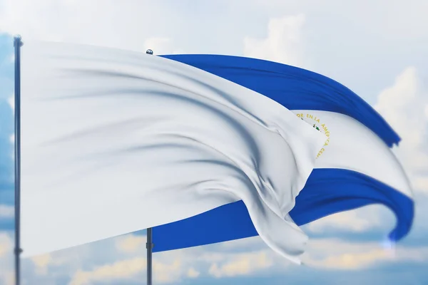 White flag on flagpole waving in the wind and flag of El Salvador. Closeup view, 3D illustration. — Stock Photo, Image