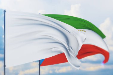 Beyaz bayrak direğinde dalgalanan rüzgar ve Ekvator Ginesi bayrağı. Yakın görünüm, 3 boyutlu illüstrasyon.