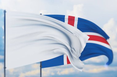 İzlanda bayrağı ve rüzgarda dalgalanan bayrak direğinde beyaz bayrak. Yakın görünüm, 3 boyutlu illüstrasyon.