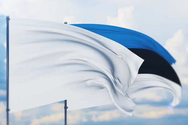 Белый флаг на флагштоке, машущем ветром и флагом Эстонии. Вид крупным планом, 3D иллюстрация. — стоковое фото