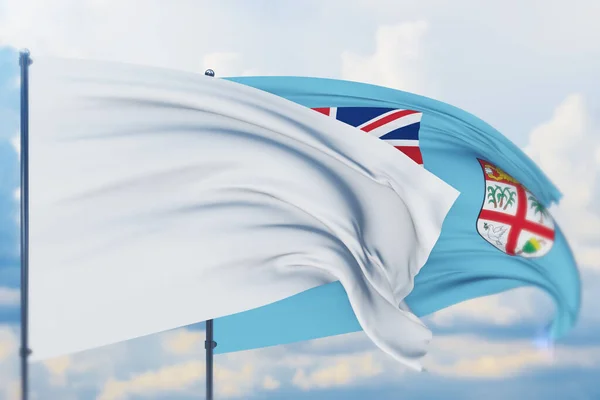 Bandeira branca no mastro acenando com o vento e a bandeira das Fiji. Vista de perto, ilustração 3D. — Fotografia de Stock