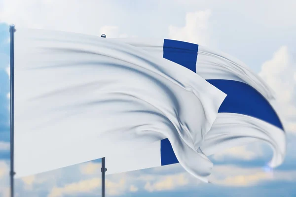 Biała flaga na maszcie flagowym powiewającym na wietrze i fladze Finlandii. Widok z bliska, ilustracja 3D. — Zdjęcie stockowe