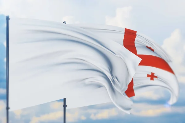 White flag on flagpole waving in the wind and flag of Georgia. Closeup view, 3D illustration. — Stock Photo, Image