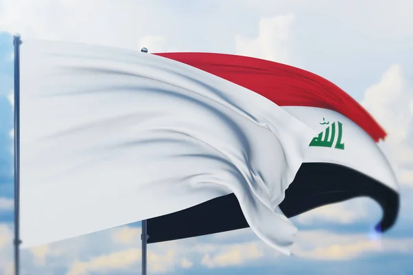 Bandeira branca no mastro acenando com o vento e a bandeira do Iraque. Vista de perto, ilustração 3D. — Fotografia de Stock