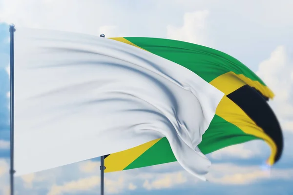 Weiße Flagge am Fahnenmast, die im Wind weht und die Flagge Jamaikas. Nahaufnahme, 3D-Illustration. — Stockfoto