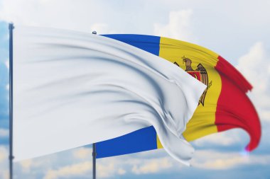 Moldova bayrağında ve rüzgarda dalgalanan bayrak direğinde beyaz bayrak. Yakın görünüm, 3 boyutlu illüstrasyon.