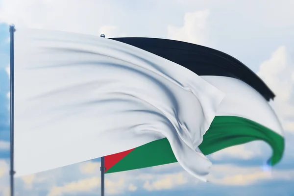 Fehér zászló lobogott a zászlórúdon Jordánia szelében és zászlójában. Közelkép, 3D illusztráció. — Stock Fotó