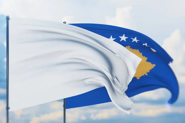 White flag on flagpole waving in the wind and flag of Kosovo. Closeup view, 3D illustration. — Stock Photo, Image