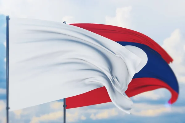 Witte vlag op vlaggenmast wapperend in de wind en vlag van Laos. Close-upweergave, 3D-illustratie. — Stockfoto