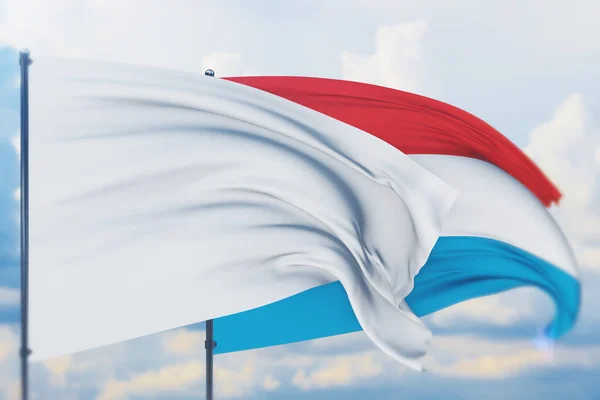 Bandeira branca no mastro acenando com o vento e a bandeira do Luxemburgo. Vista de perto, ilustração 3D. — Fotografia de Stock