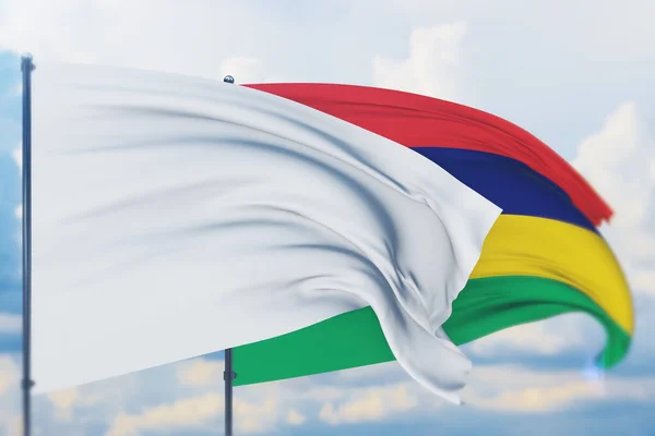 Bandeira branca no mastro acenando com o vento e a bandeira da Maurícia. Vista de perto, ilustração 3D. — Fotografia de Stock
