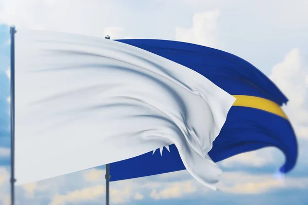 Biała flaga na maszcie flagowym powiewająca na wietrze i fladze Nauru. Widok z bliska, ilustracja 3D. — Zdjęcie stockowe