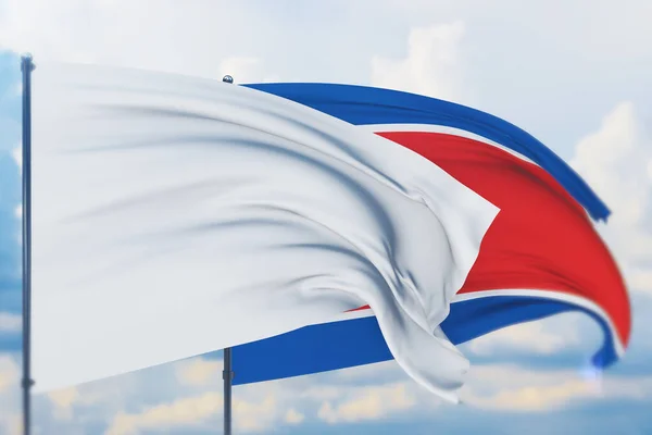 Bandeira branca no mastro acenando com o vento e a bandeira da Coreia do Norte. Vista de perto, ilustração 3D. — Fotografia de Stock