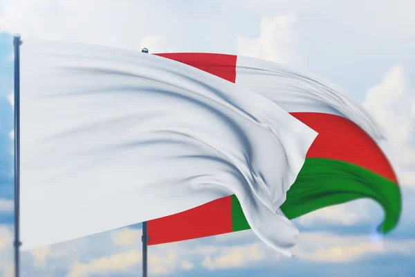 Bandiera bianca sul pennone che sventola nel vento e bandiera dell'Oman. Vista da vicino, illustrazione 3D. — Foto Stock