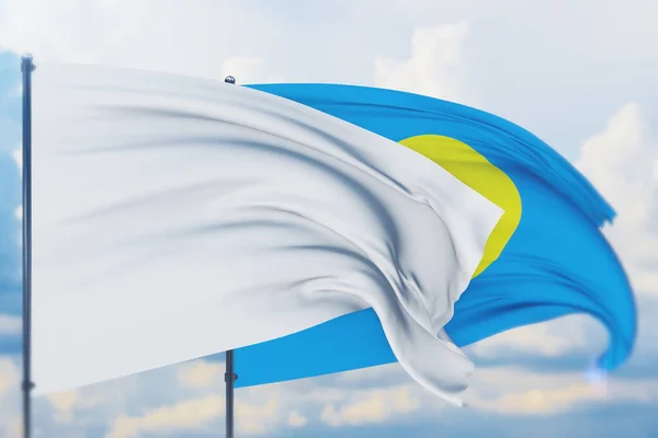 White flag on flagpole waving in the wind and flag of Palau. Closeup view, 3D illustration. — Stock Photo, Image