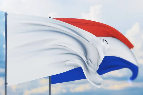 Белый флаг на флагштоке, размахивающий на ветру и флаге Парагвая. Вид крупным планом, 3D иллюстрация. — стоковое фото