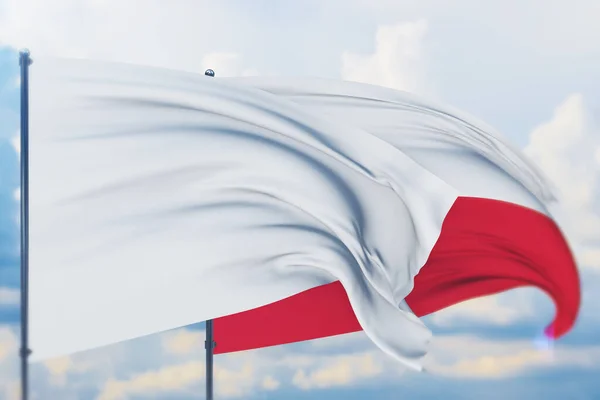 Bandeira branca no mastro acenando com o vento e a bandeira da Polônia. Vista de perto, ilustração 3D. — Fotografia de Stock