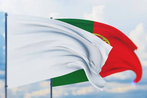 Bendera putih di tiang bendera melambai dalam angin dan bendera Portugal. Tampilan close up, ilustrasi 3D. — Stok Foto