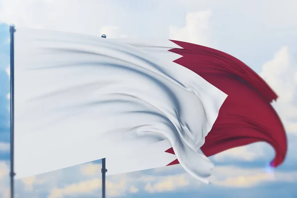 Bandeira branca no mastro acenando com o vento e a bandeira do Qatar. Vista de perto, ilustração 3D. — Fotografia de Stock