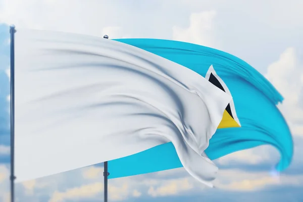 Vit flagga på flaggstången viftar i vinden och flaggan i St. Lucia. Närbild, 3D-illustration. — Stockfoto