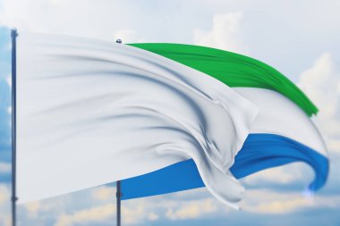 Sierra Leone bayrağı ve rüzgarda dalgalanan bayrak direğinde beyaz bayrak. Yakın görünüm, 3 boyutlu illüstrasyon.