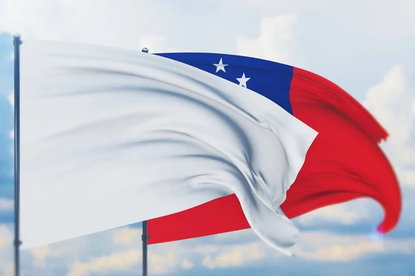 Bandera blanca en asta de bandera ondeando en el viento y la bandera de Samoa. Vista de primer plano, ilustración 3D. —  Fotos de Stock
