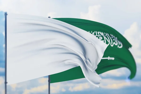 Weiße Flaggen auf Fahnenmasten wehen im Wind und die Flagge Saudi-Arabiens. Nahaufnahme, 3D-Illustration. — Stockfoto
