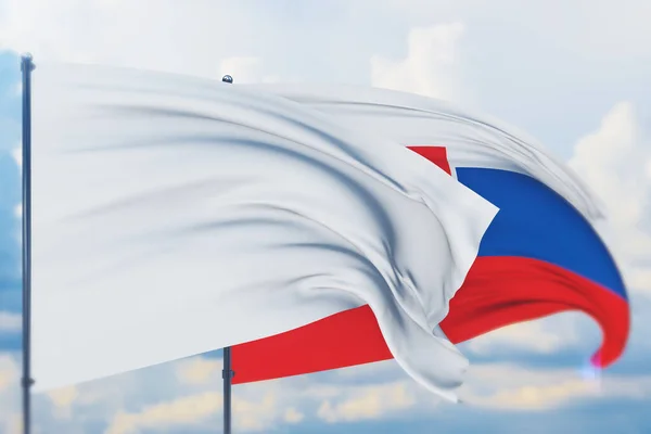 Bandeira branca no mastro acenando com o vento e a bandeira da Eslováquia. Vista de perto, ilustração 3D. — Fotografia de Stock