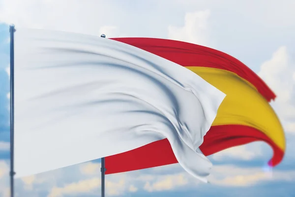 Белый флаг на флагштоке, размахивающий на ветру и флаге Испании. Вид крупным планом, 3D иллюстрация. — стоковое фото