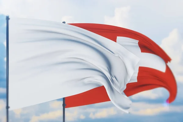 旗杆上的白旗在风中飘扬，瑞士国旗飘扬。Closeup view, 3D illustration. — 图库照片