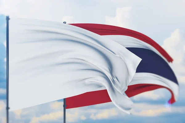 Bandiera bianca sul pennone sventola nel vento e bandiera della Thailandia. Vista da vicino, illustrazione 3D. — Foto Stock