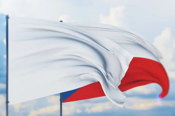 Bandeira branca no mastro acenando ao vento e bandeira da República Tcheca. Vista de perto, ilustração 3D. — Fotografia de Stock