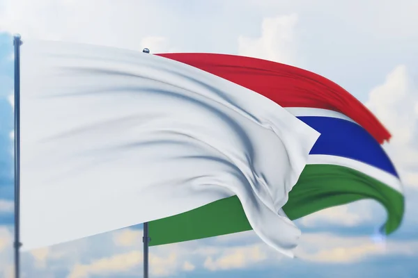 Bandiera bianca sul pennone che sventola nel vento e bandiera del Gambia. Vista da vicino, illustrazione 3D. — Foto Stock