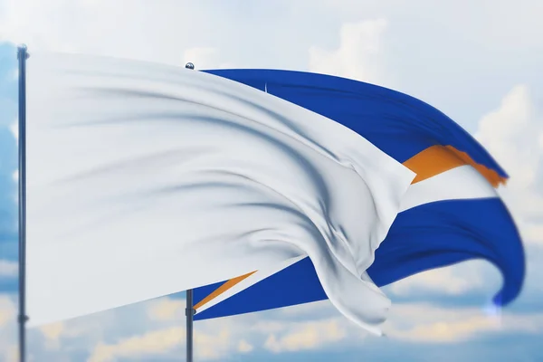 Hvitt flagg på flaggstangen som vifter med Marshalløyenes flagg. Avsluttende visning, 3D-illustrasjon. – stockfoto