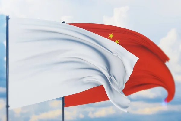 旗竿に白い旗が風と中国の旗を振っている。クローズアップビュー、 3Dイラスト. — ストック写真