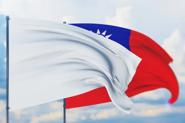 Белый флаг на флагштоке, машущем ветром и флагом Китайской Республики. Вид крупным планом, 3D иллюстрация. — стоковое фото