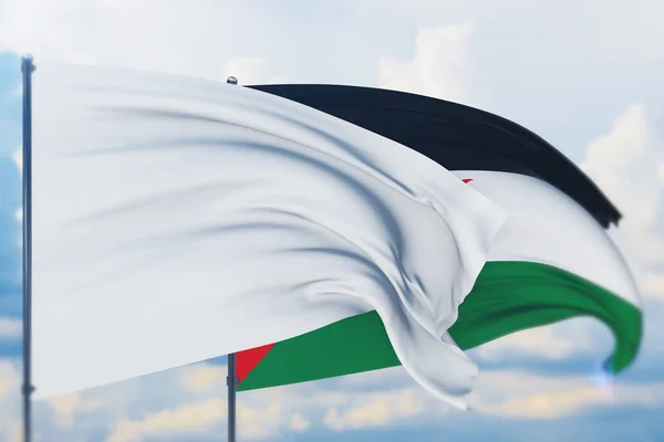 White flag on flagpole waving in the wind and flag of Sahrawi Arab Democratic Republic. Closeup view, 3D illustration. — Stock Photo, Image