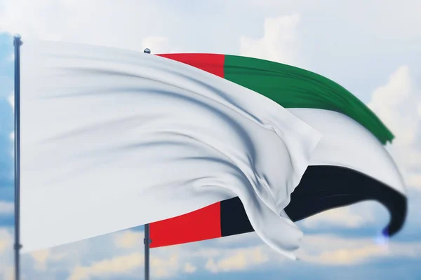 Weiße Flagge auf Fahnenmast weht im Wind und Flagge der Vereinigten Arabischen Emirate. Nahaufnahme, 3D-Illustration. — Stockfoto