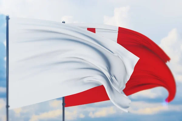 Bandeira branca no mastro acenando com o vento e a bandeira de Tonga. Vista de perto, ilustração 3D. — Fotografia de Stock